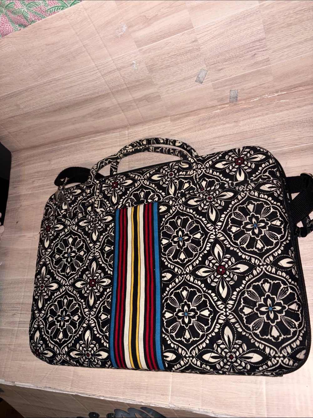 Vera Bradley Black & Cream Floral Laptop Tote with Multicolor Stripe